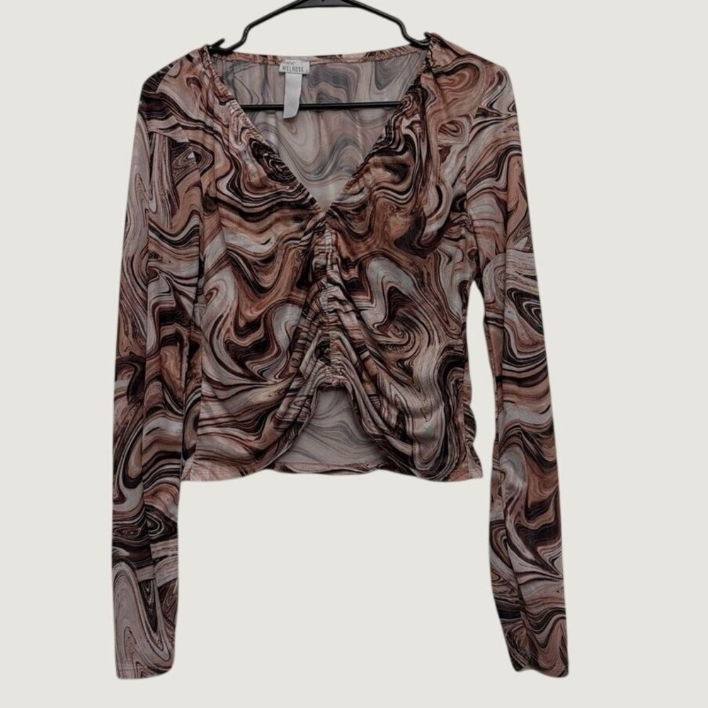 West of Melrose Mesh Top Large Marble Swirl Ruched Front Long Sleeve Brown Tan